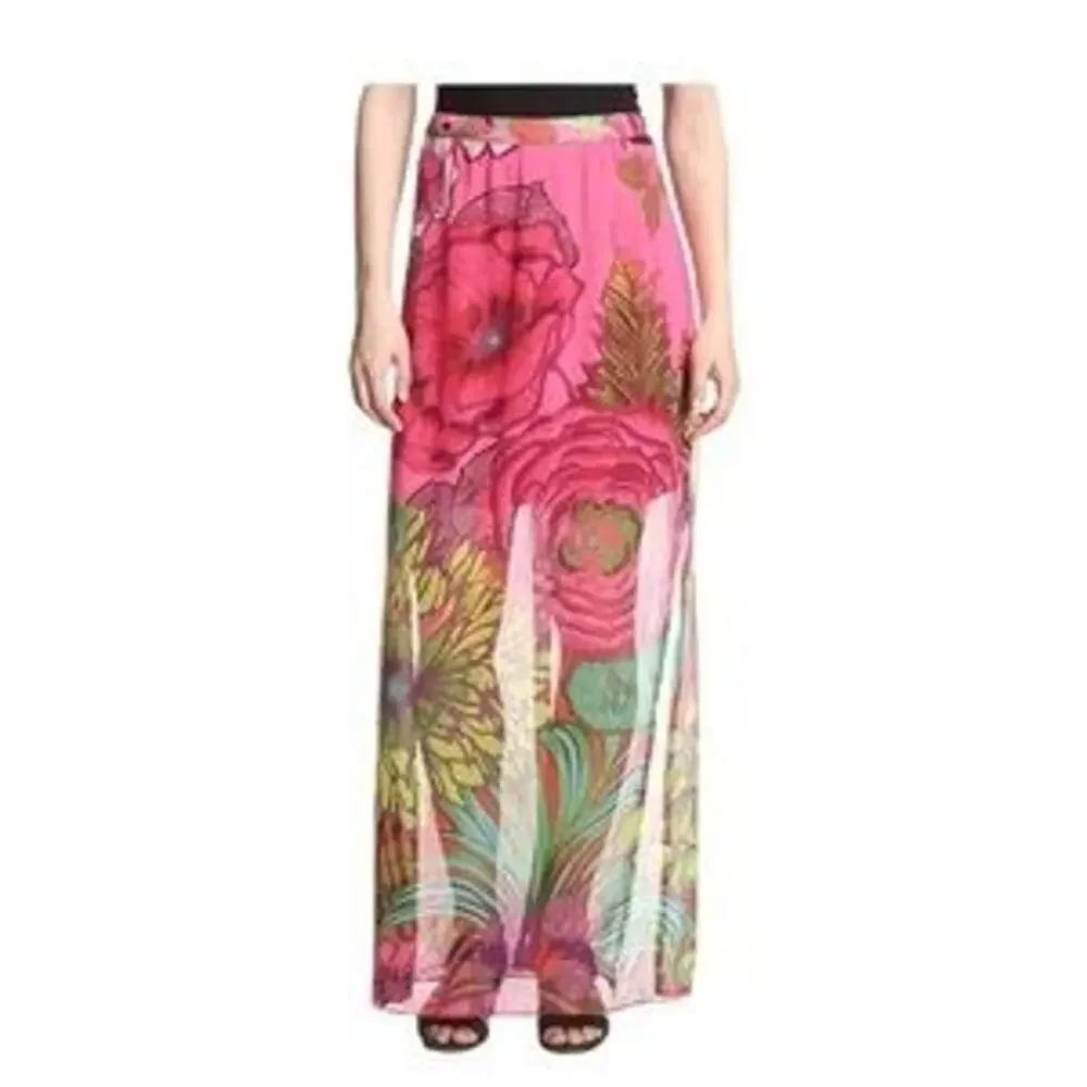 Desigual Skirt Womens 44 /‎ US XL Pink Floral Midi Sheer Slits Beachy Vacation